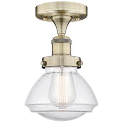 Olean 6.5" Wide Antique Brass Semi.Flush Mount With Seedy Glass Shade