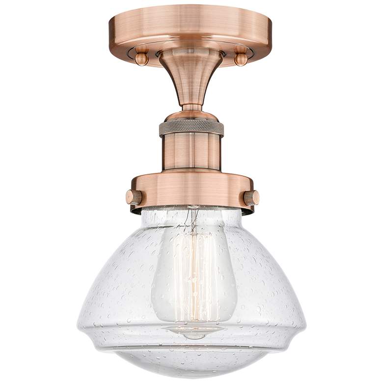 Image 1 Olean 6.5" Wide Antique Copper Semi.Flush Mount With Seedy Glass Shade