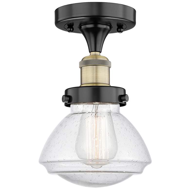 Image 1 Olean 6.5" Wide Black Antique Brass Semi.Flush Mount With Seedy Glass