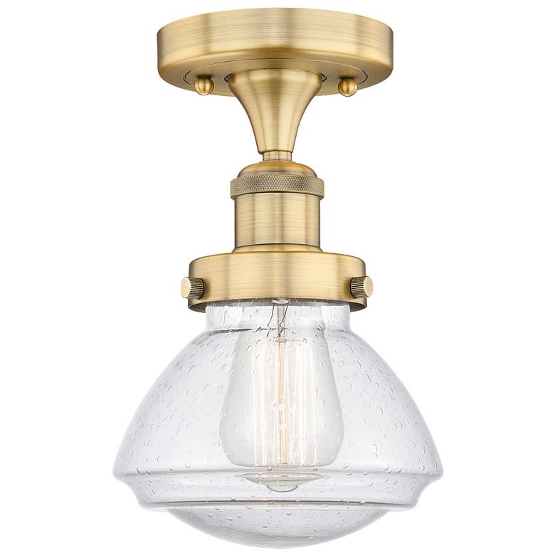 Image 1 Olean 6.5" Wide Brushed Brass Semi.Flush Mount With Seedy Glass Shade