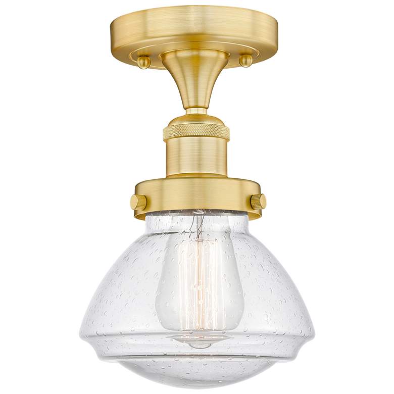 Image 1 Olean 6.5" Wide Satin Gold Semi.Flush Mount With Seedy Glass Shade