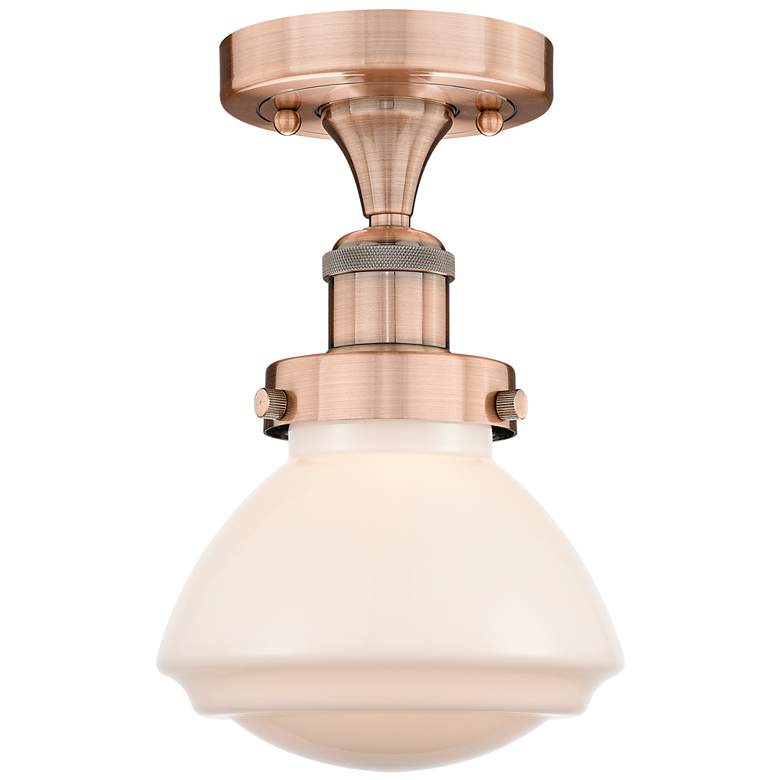 Image 1 Olean 6.5"W Antique Copper Semi.Flush Mount With Matte White Glass Sha