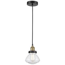 Olean 6.75&quot; Wide Black Brass Corded Mini Pendant With Seedy Shade