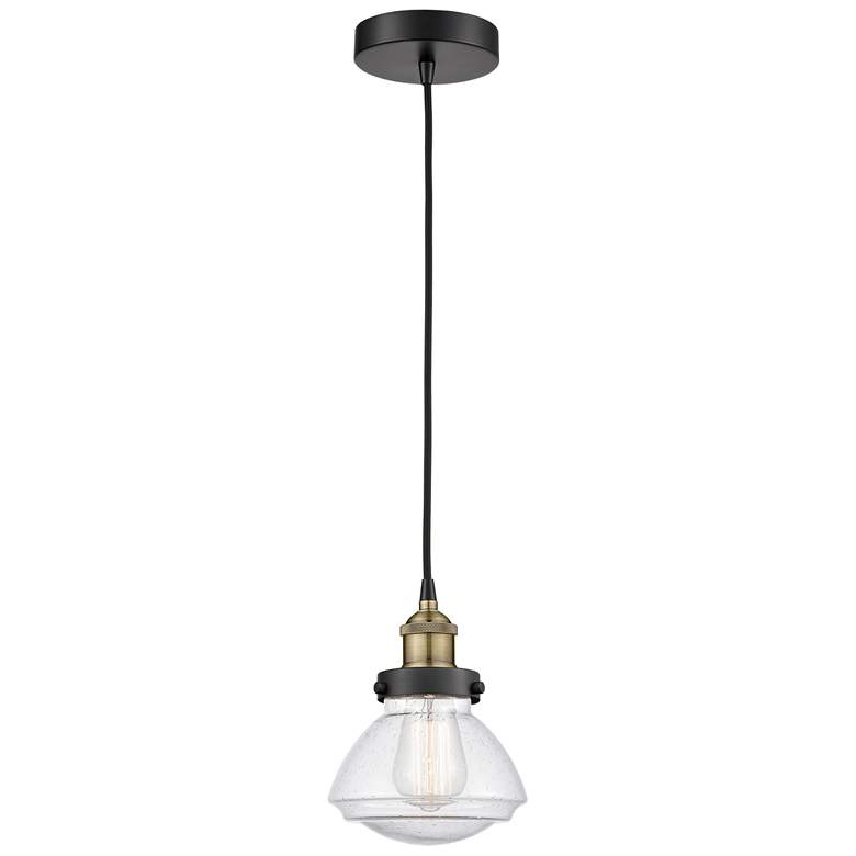 Image 1 Olean 6.75" Wide Black Brass Corded Mini Pendant With Seedy Shade