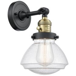 Olean 7.75" High Black Brass Sconce w/ Seedy Shade