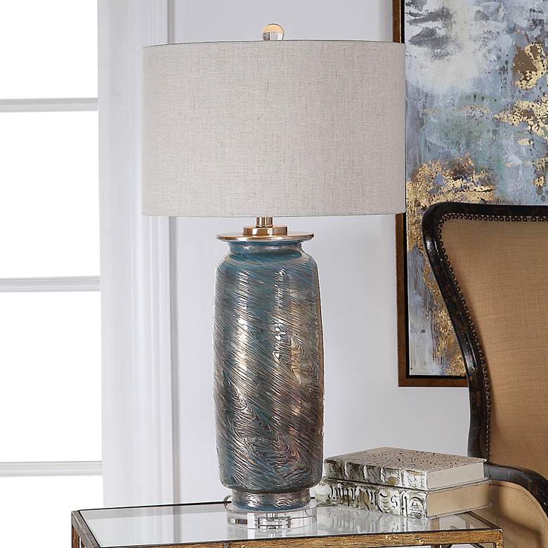 Image 1 Olesya Ocean Blue Metallic Bronze Glass Vase Table Lamp