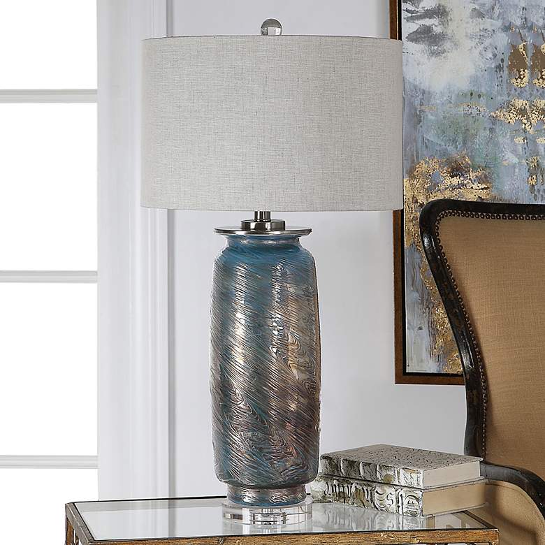 Image 1 Olesya Ocean Blue Metallic Bronze Glass Vase Table Lamp
