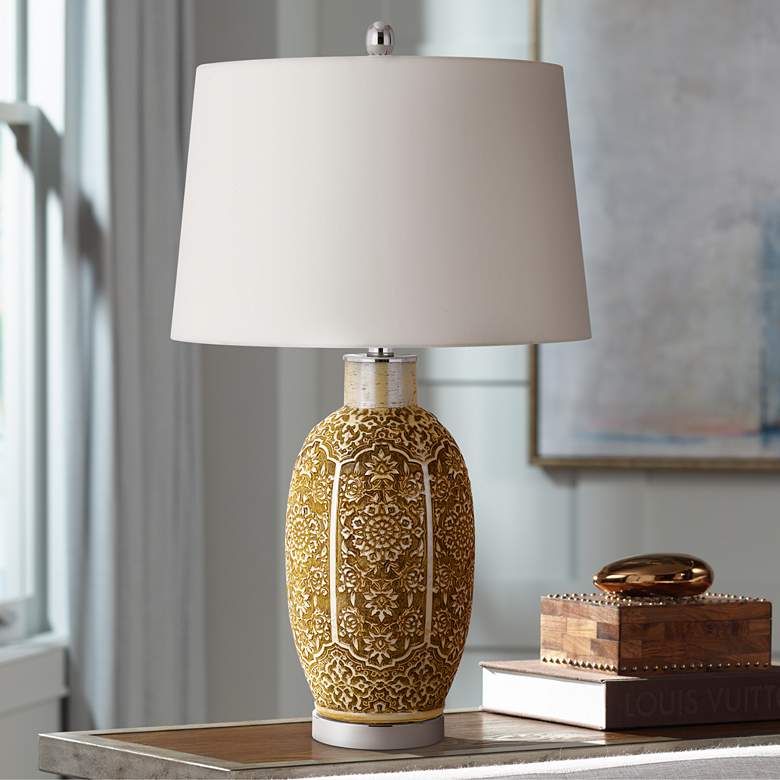 Image 1 Olive Cinnamon Ceramic Table Lamp with Mosaic Pattern