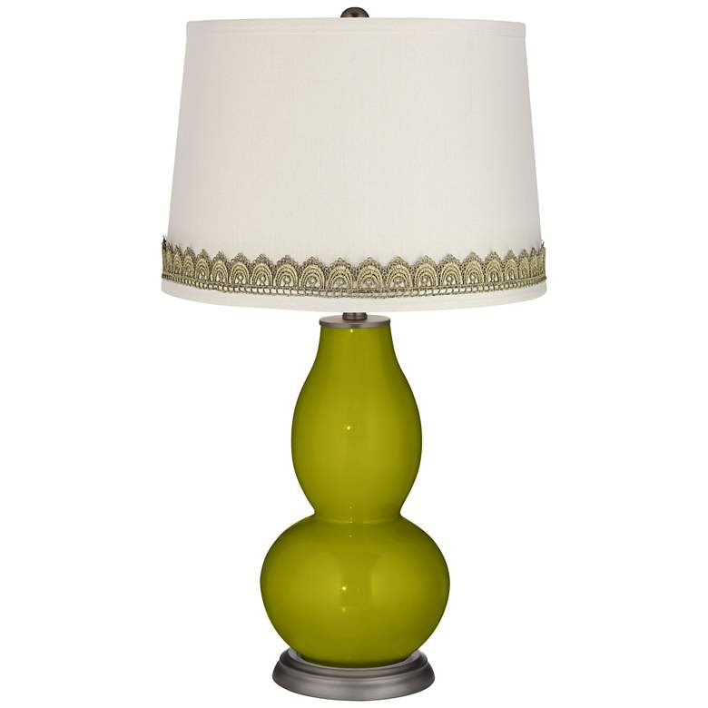 Image 1 Olive Green Double Gourd Table Lamp with Scallop Lace Trim