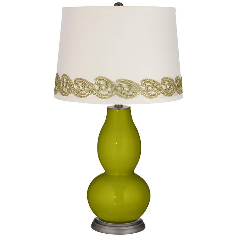 Image 1 Olive Green Double Gourd Table Lamp with Vine Lace Trim
