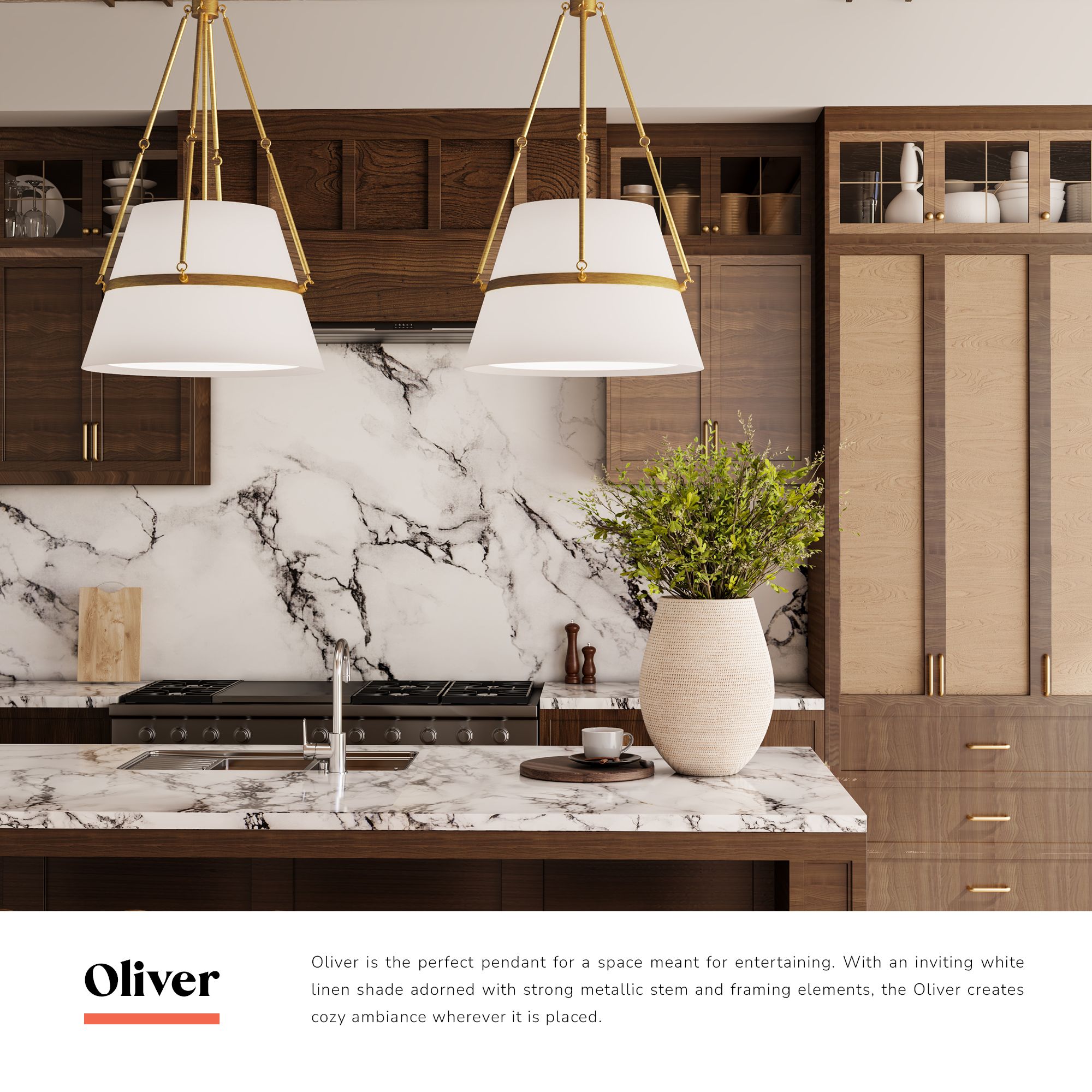 Oliver 18" Wide Aged Gold Pendant Light w/ White Linen Shade