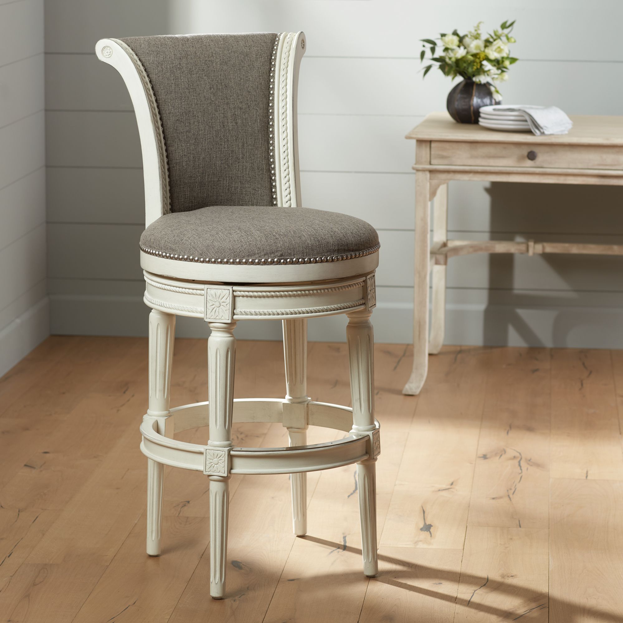 Oliver 30" Pewter Gray Fabric Swivel Bar Stools Set of 2