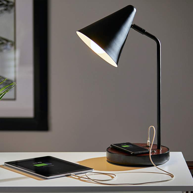 Image 1 Oliver Black Walnut Wireless Charging Desk Lamp w/ USB Port