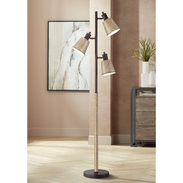 Image 1 Oliver Bronze and Faux Wood Finish 3-Light Tree Floor Lamp