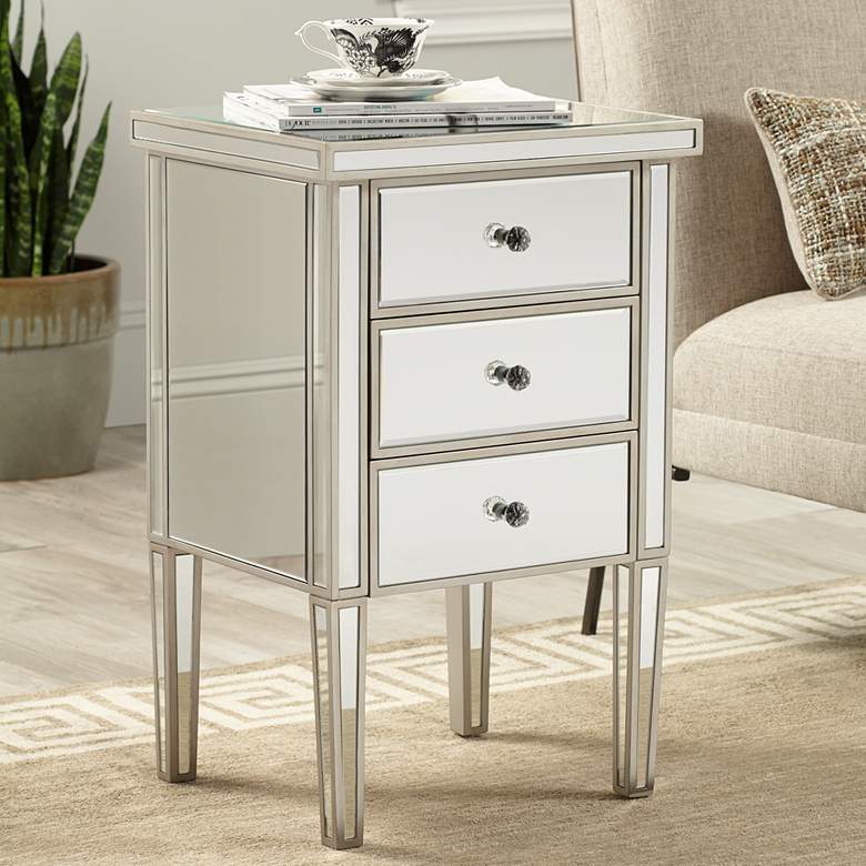 Image 1 Olivia Antique Silver Mirrored 3-Drawer Accent Table