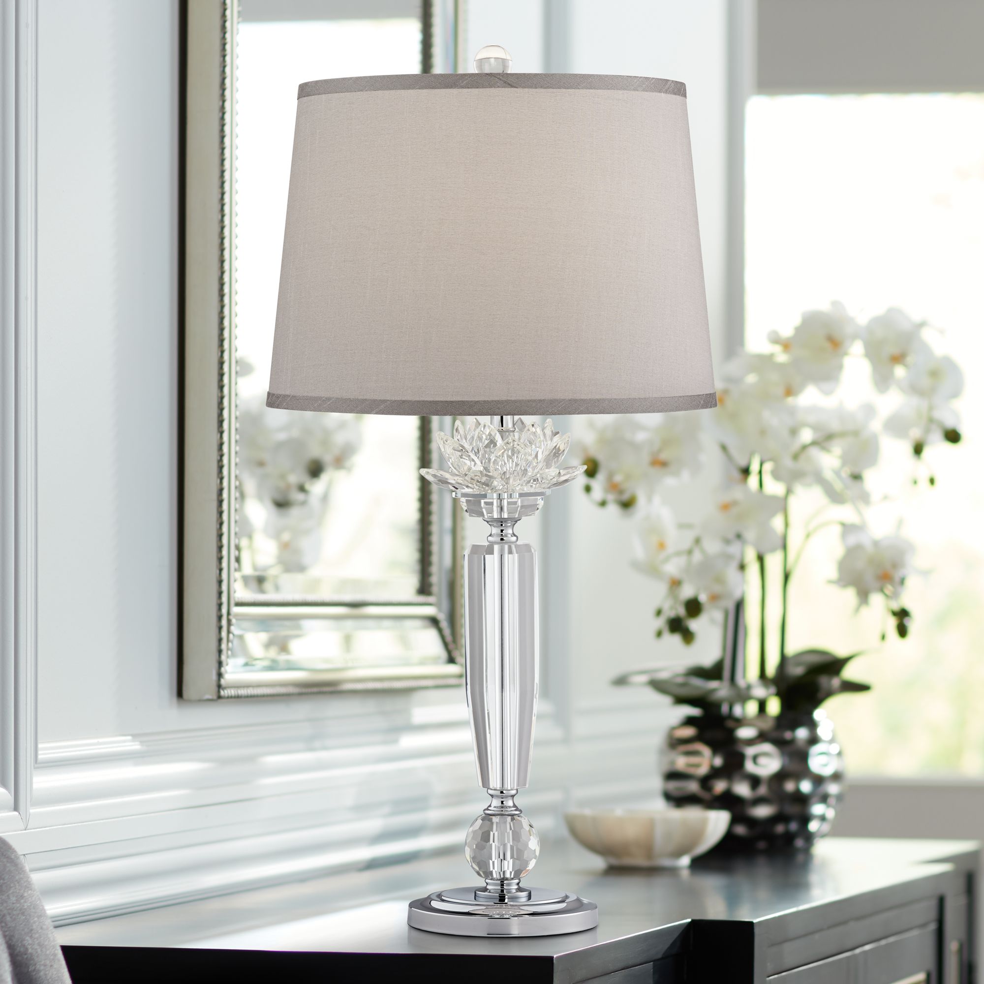 crystal table lamp with grey shade