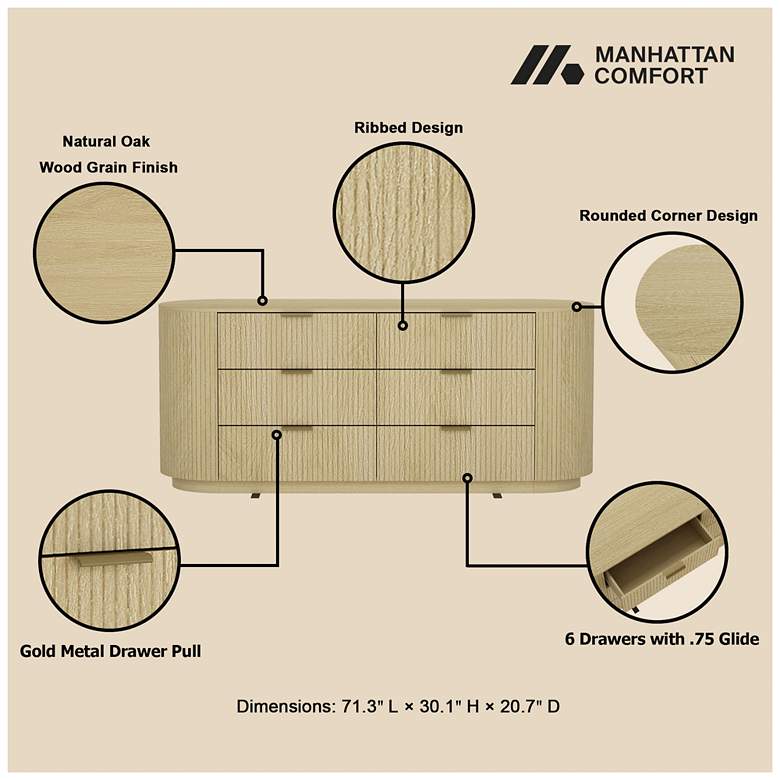 Image 4 Olivia Modern 71.3 Double Dresser with 6 Drawers in Natural Oak and Gold more views
