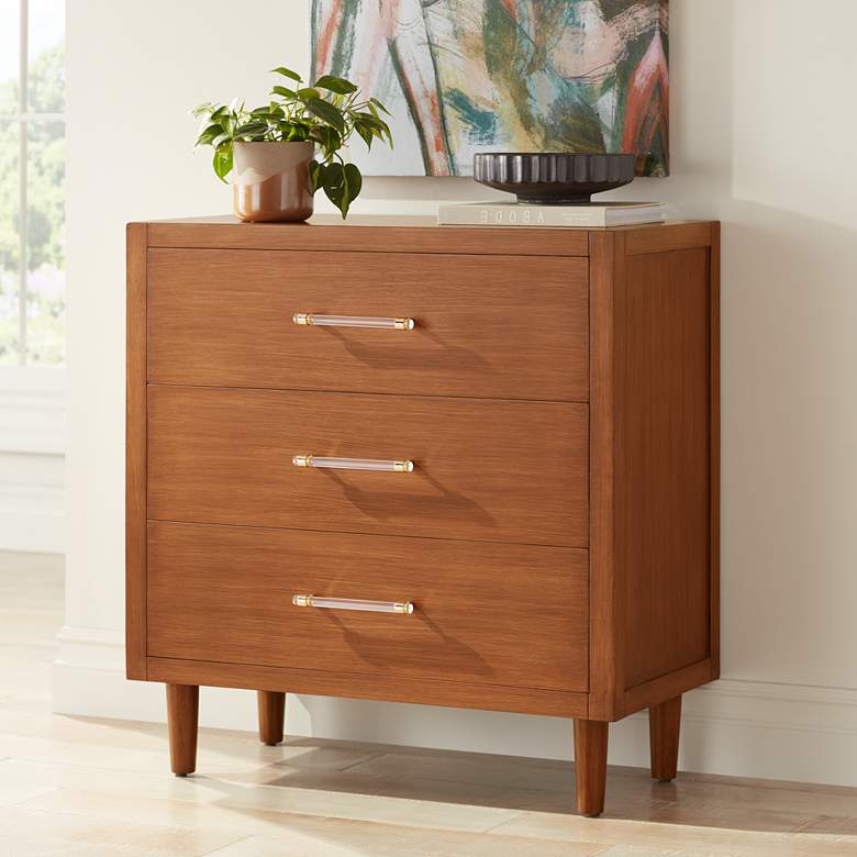 Image 2 Ollie 32 inch Wide Brushed Teak 3-Drawer Cabinet with Crystal Handles
