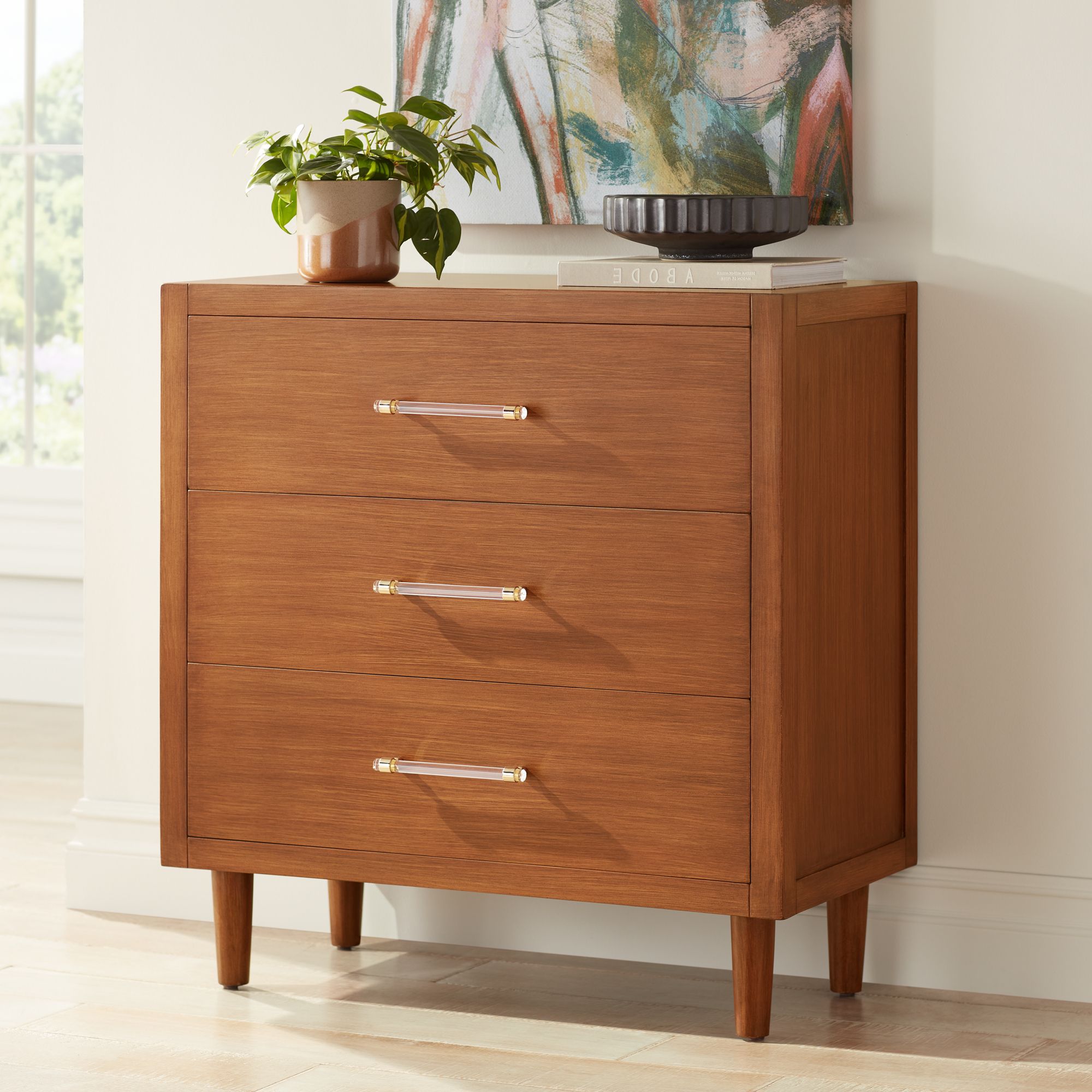 Ollie 32" Wide Brushed Teak 3-Drawer Cabinets Set of 2 in scene
