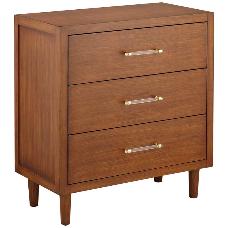 Ollie 32&quot; Wide Teak 3-Drawer Modern Cabinet with Crystal Handles