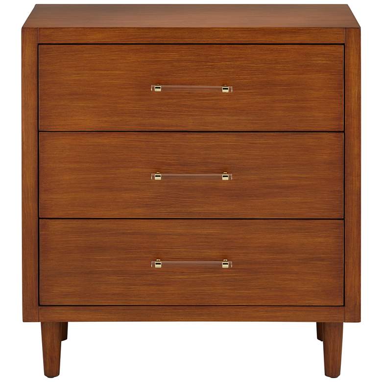 Ollie 32&quot; Wide Teak 3-Drawer Modern Cabinet with Crystal Handles more views