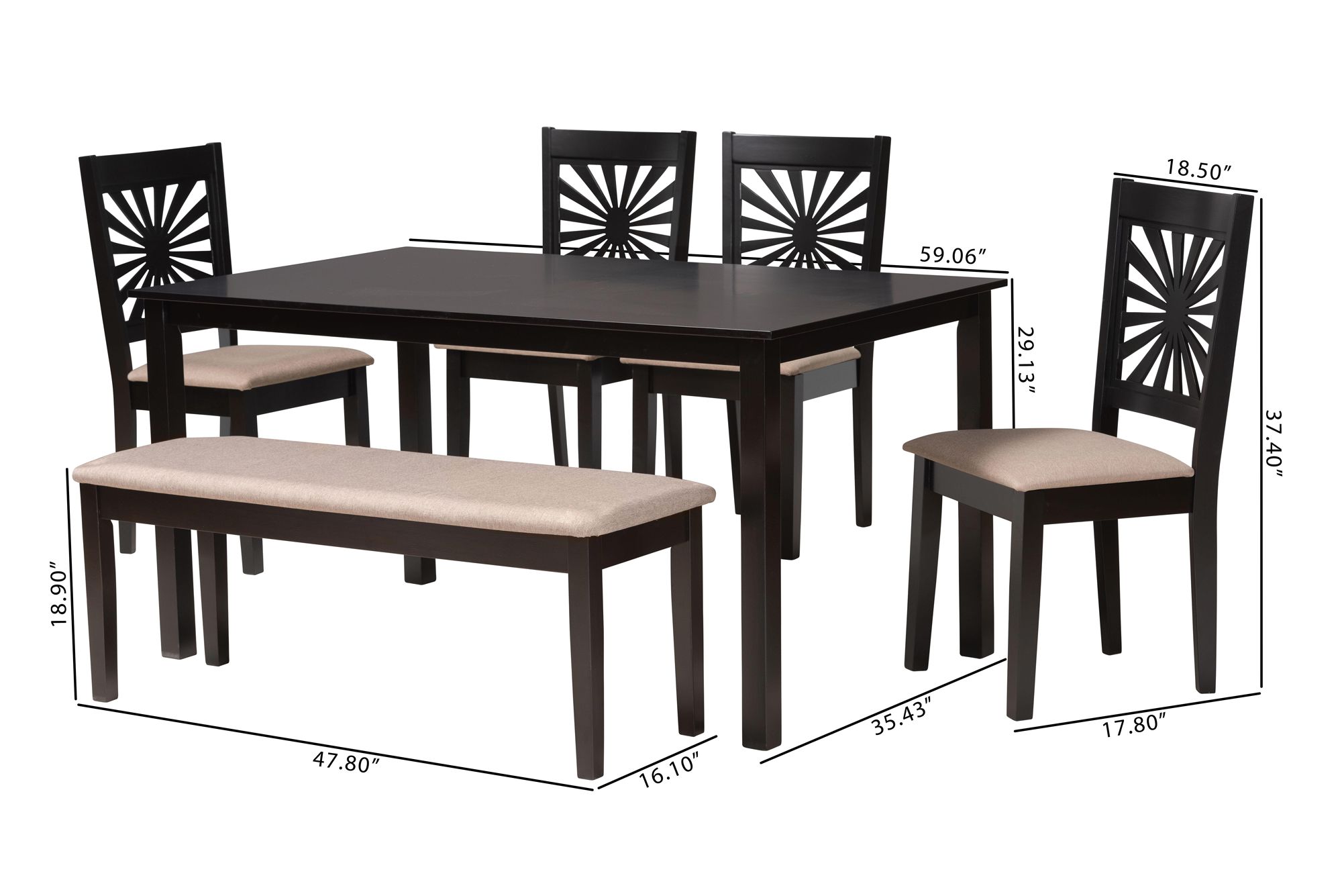 Olympia Espresso Brown Wood Beige Fabric 6-Piece Dining Set