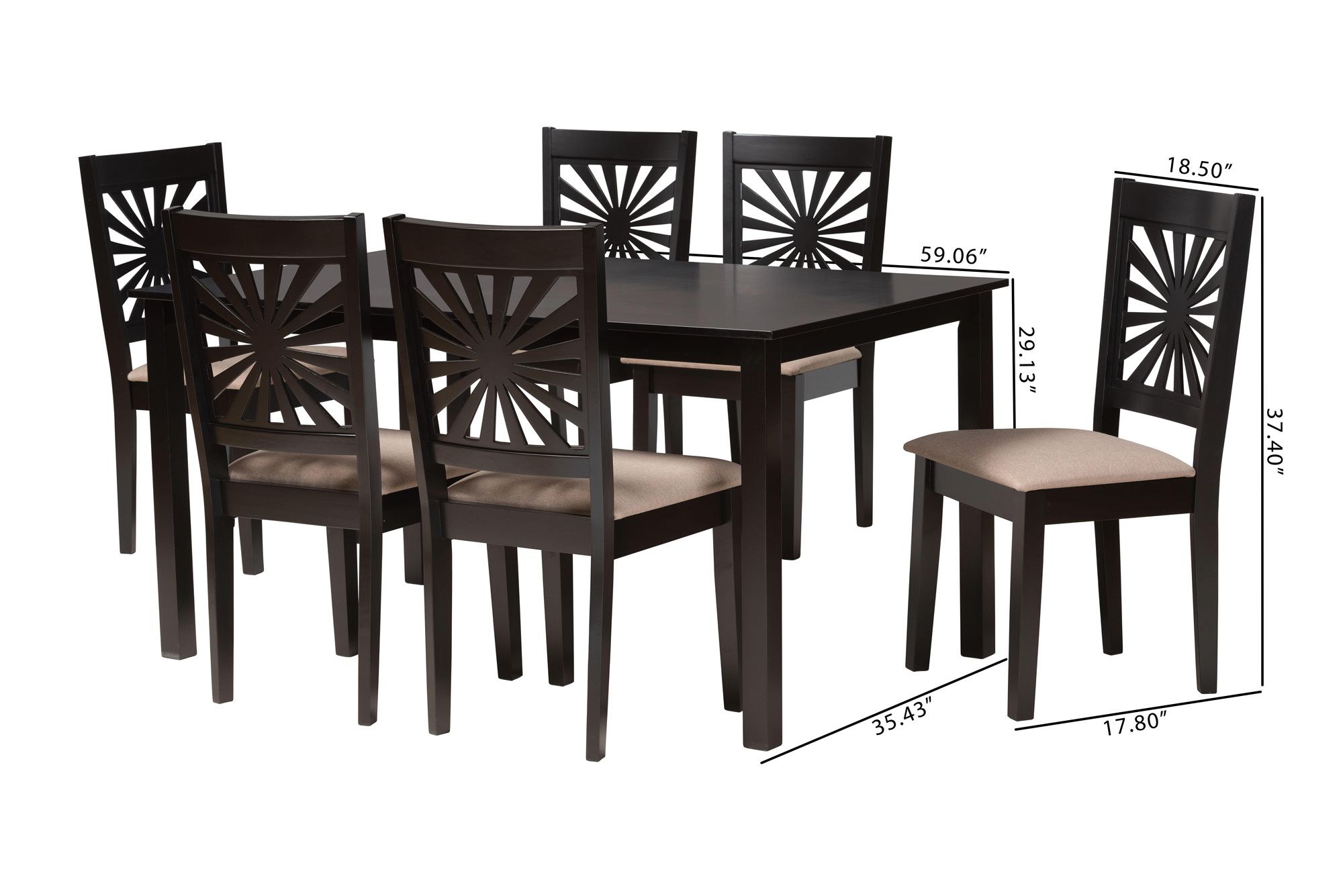 Olympia Espresso Brown Wood Beige Fabric 7-Piece Dining Set