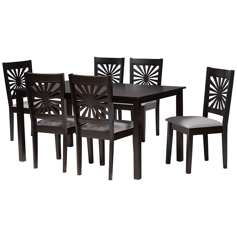 Image 2 Olympia Espresso Brown Wood Gray Fabric 7-Piece Dining Set