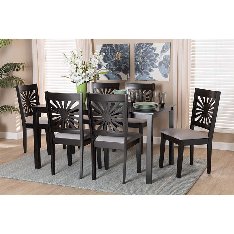 Image 1 Olympia Espresso Brown Wood Gray Fabric 7-Piece Dining Set