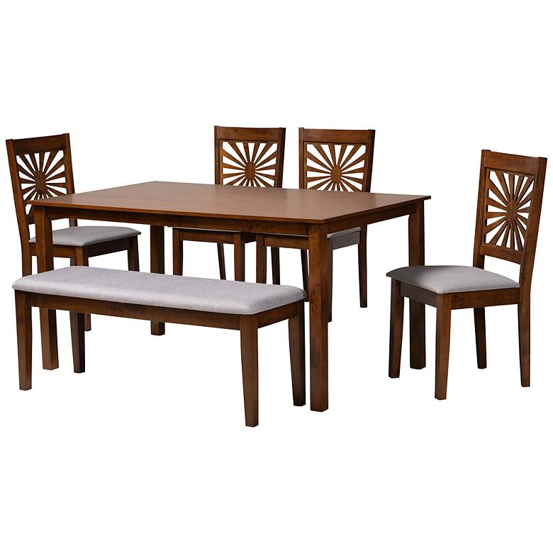 Image 2 Olympia Walnut Brown Wood Gray Fabric 6-Piece Dining Set