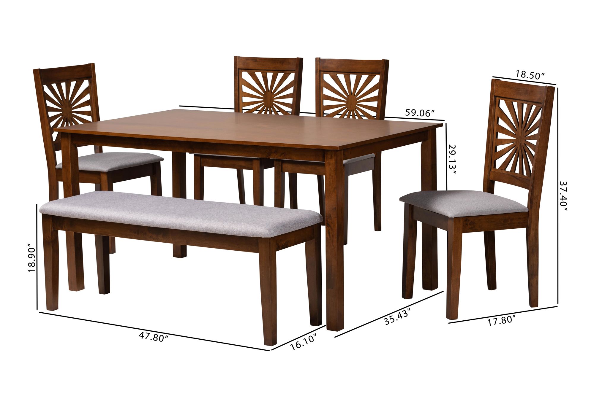Olympia Walnut Brown Wood Gray Fabric 6-Piece Dining Set
