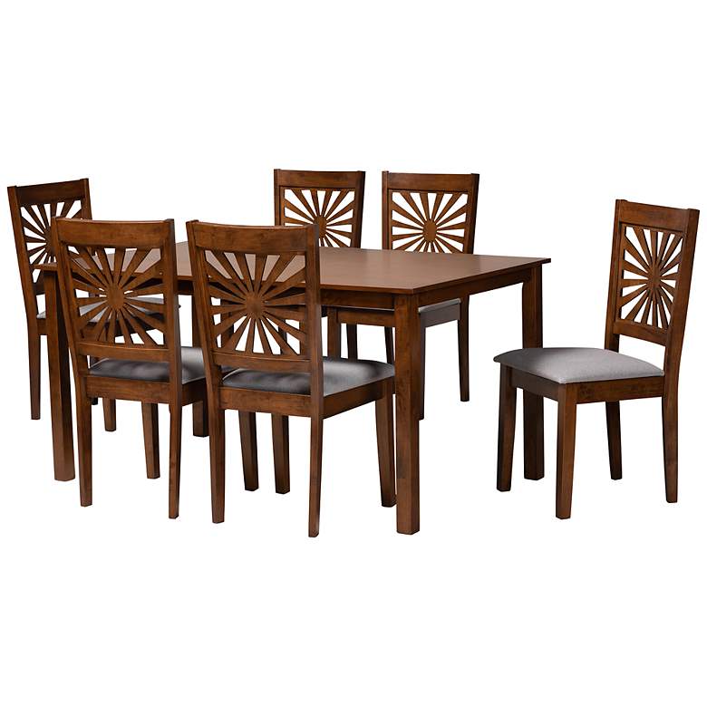 Image 2 Olympia Walnut Brown Wood Gray Fabric 7-Piece Dining Set
