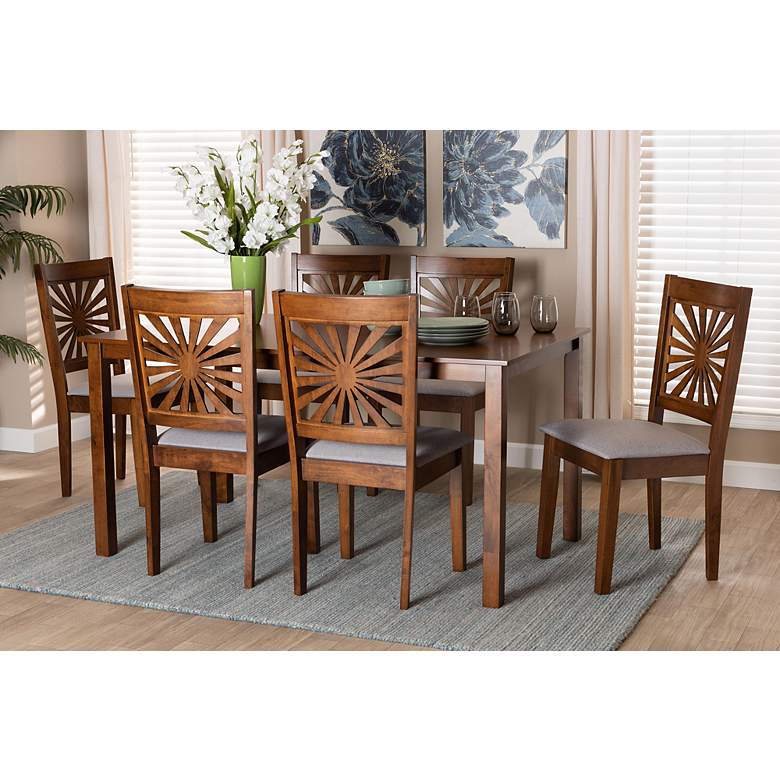 Image 1 Olympia Walnut Brown Wood Gray Fabric 7-Piece Dining Set