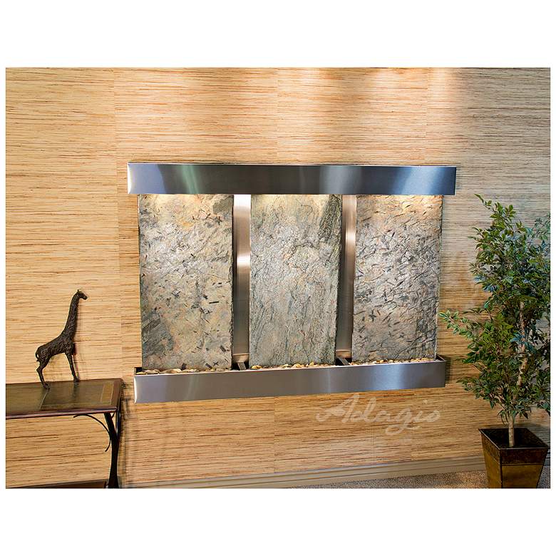 Image 1 Olympus Falls 54" Green Slate & Steel Modern Wall Fountain