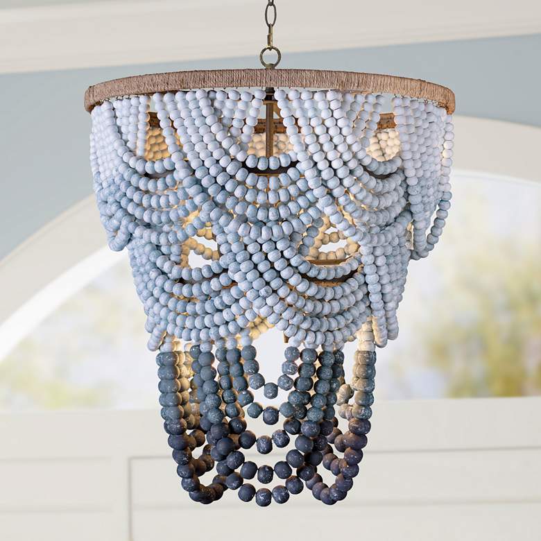 Image 1 Ombre 24" Wide Blue Wood Bead Chandelier