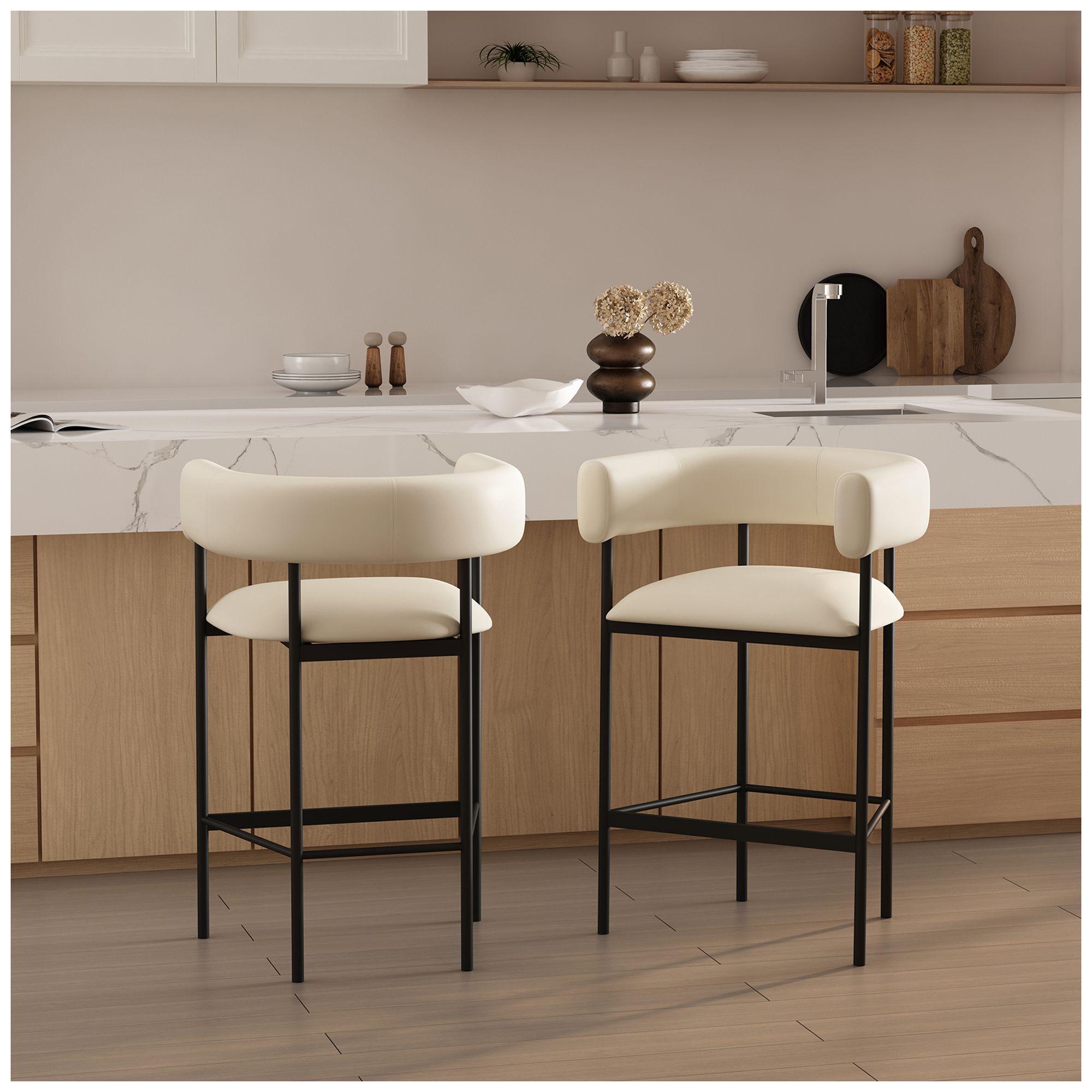 Onda Contemporary Vegan Leather Metal Counter Stool in Ivory