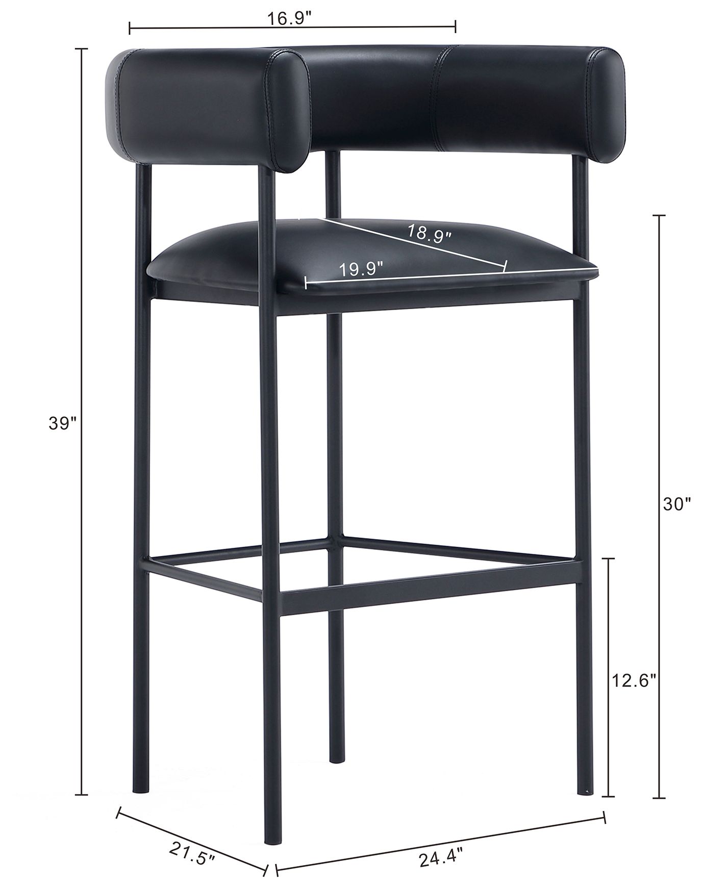 Image 4 Onda Contemporary Vegan Leather Metal Upholstered Barstool in Black more views