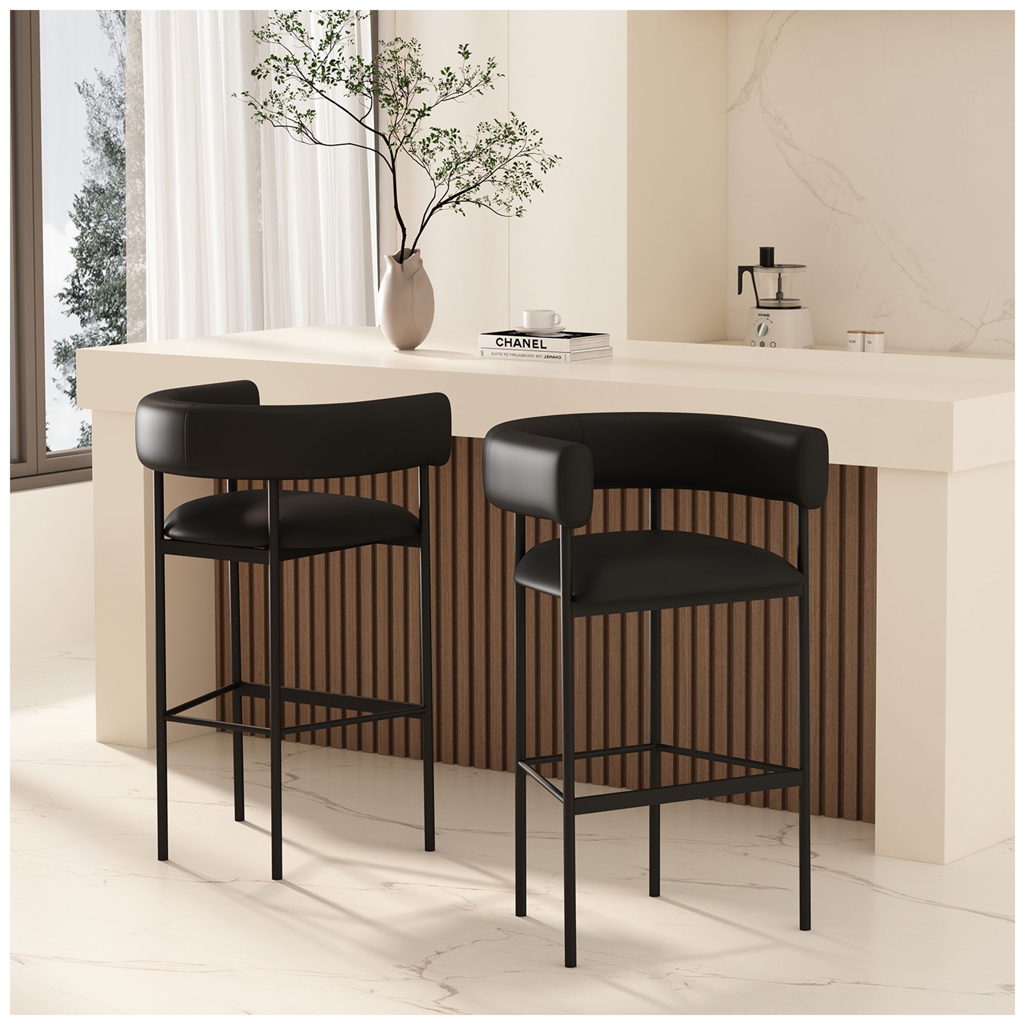 Onda Contemporary Vegan Leather Metal Upholstered Barstool in Black