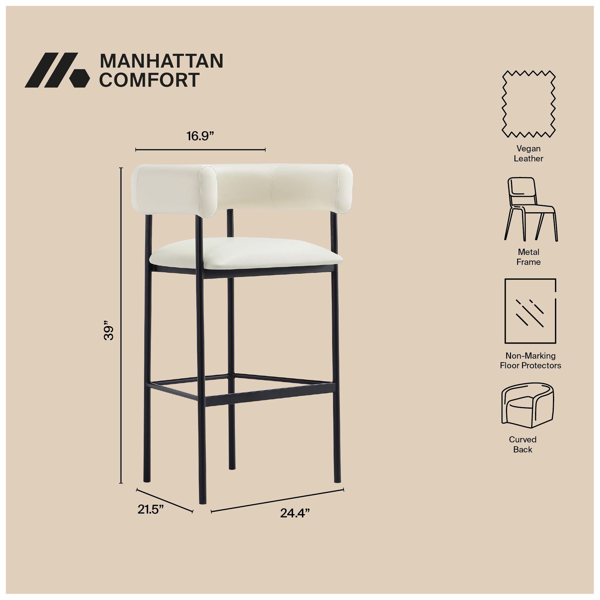 Image 5 Onda Contemporary Vegan Leather Metal Upholstered Barstool in Ivory more views