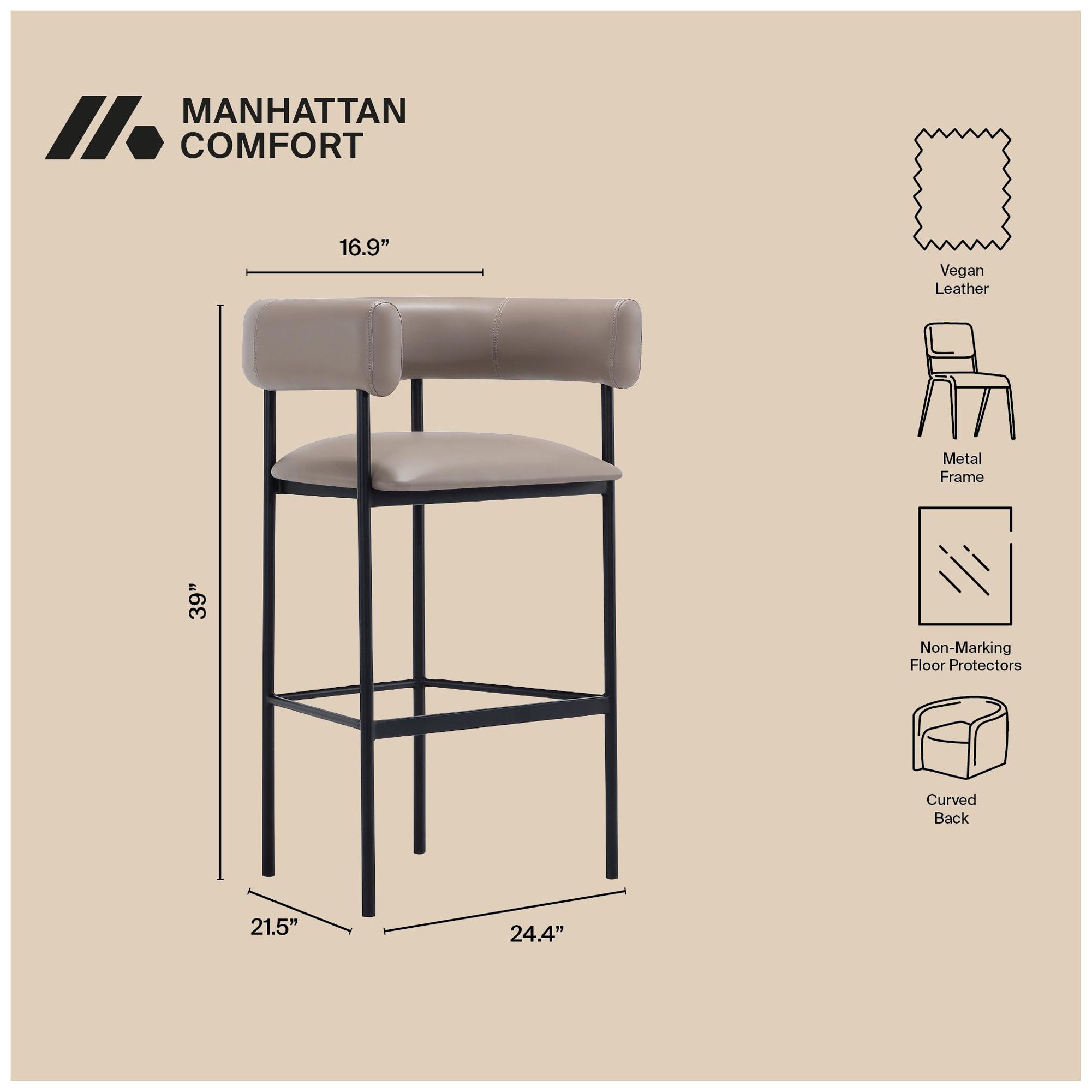 Image 5 Onda Contemporary Vegan Leather Metal Upholstered Barstool in Taupe more views