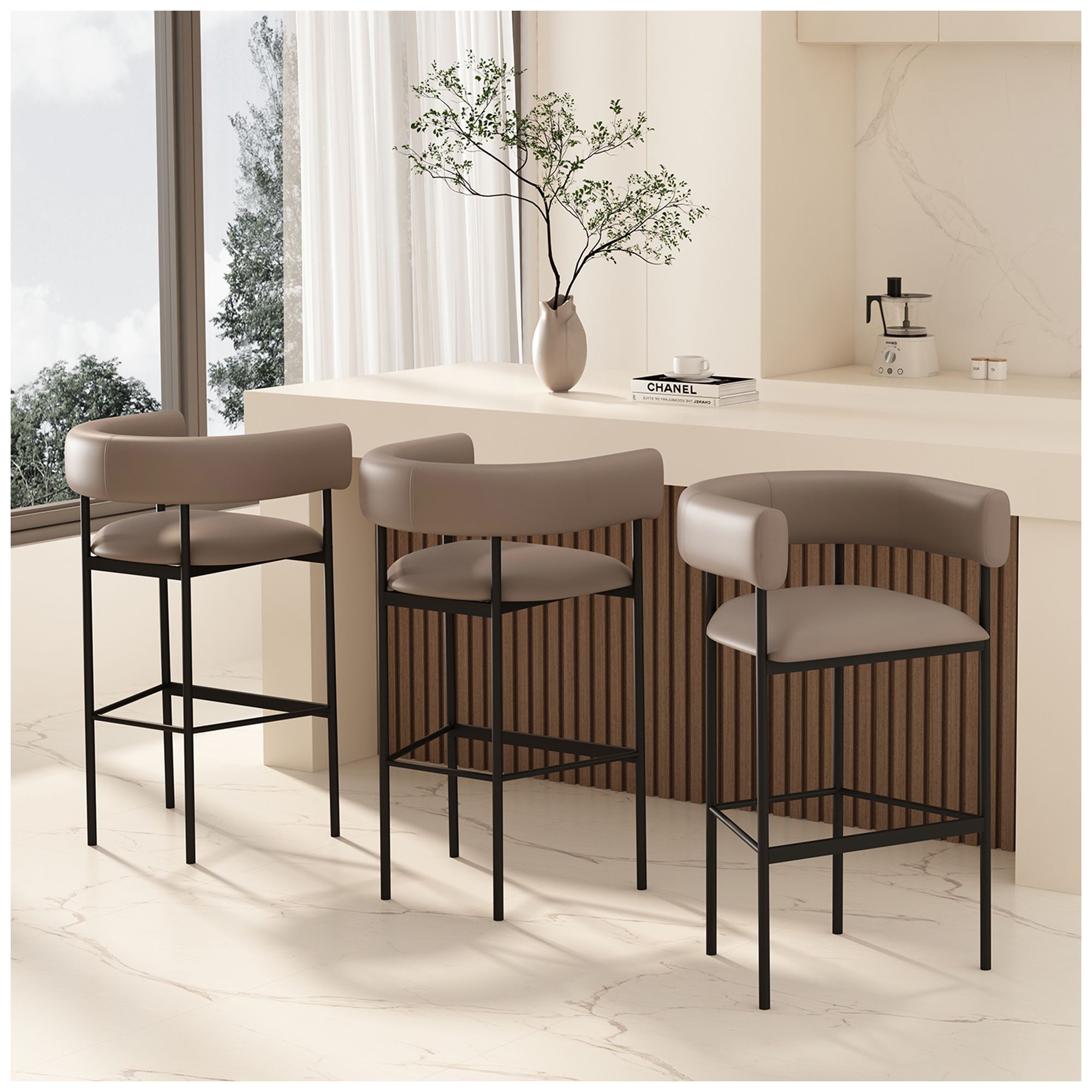 Onda Contemporary Vegan Leather Metal Upholstered Barstool in Taupe