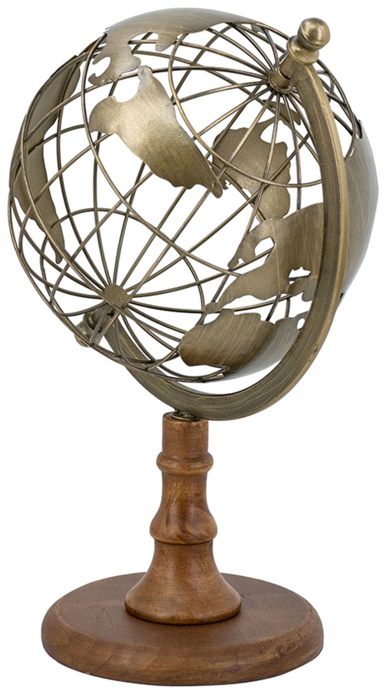 Thumbnail2 of Openwork Iron Globe Sculpture w/ Antique Gold & Wooden Stand more views