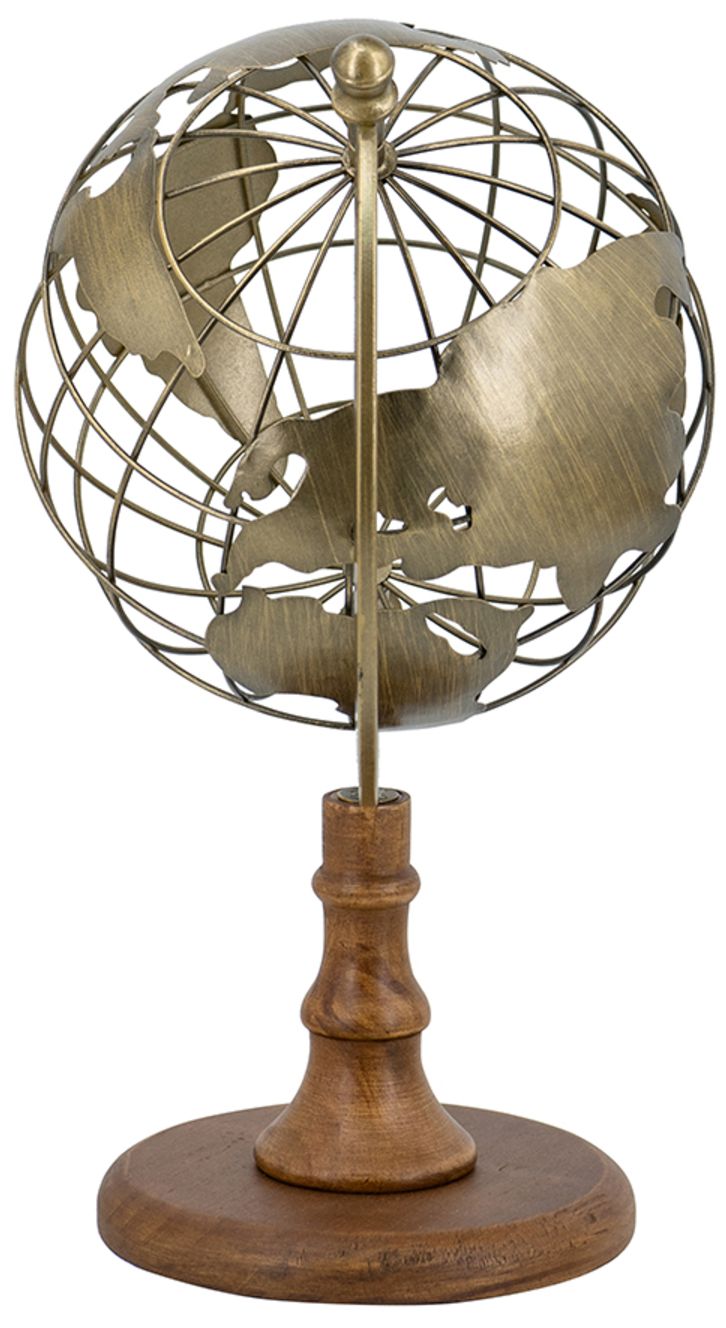 Thumbnail3 of Openwork Iron Globe Sculpture w/ Antique Gold & Wooden Stand more views