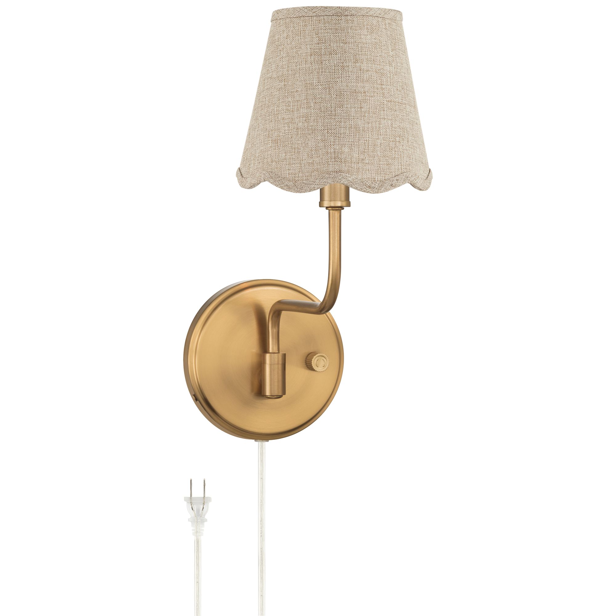 Image 2 Ophelia 9 1/2"H Warm Brass Plug-In Wall Sconce Beige Scallop Shade