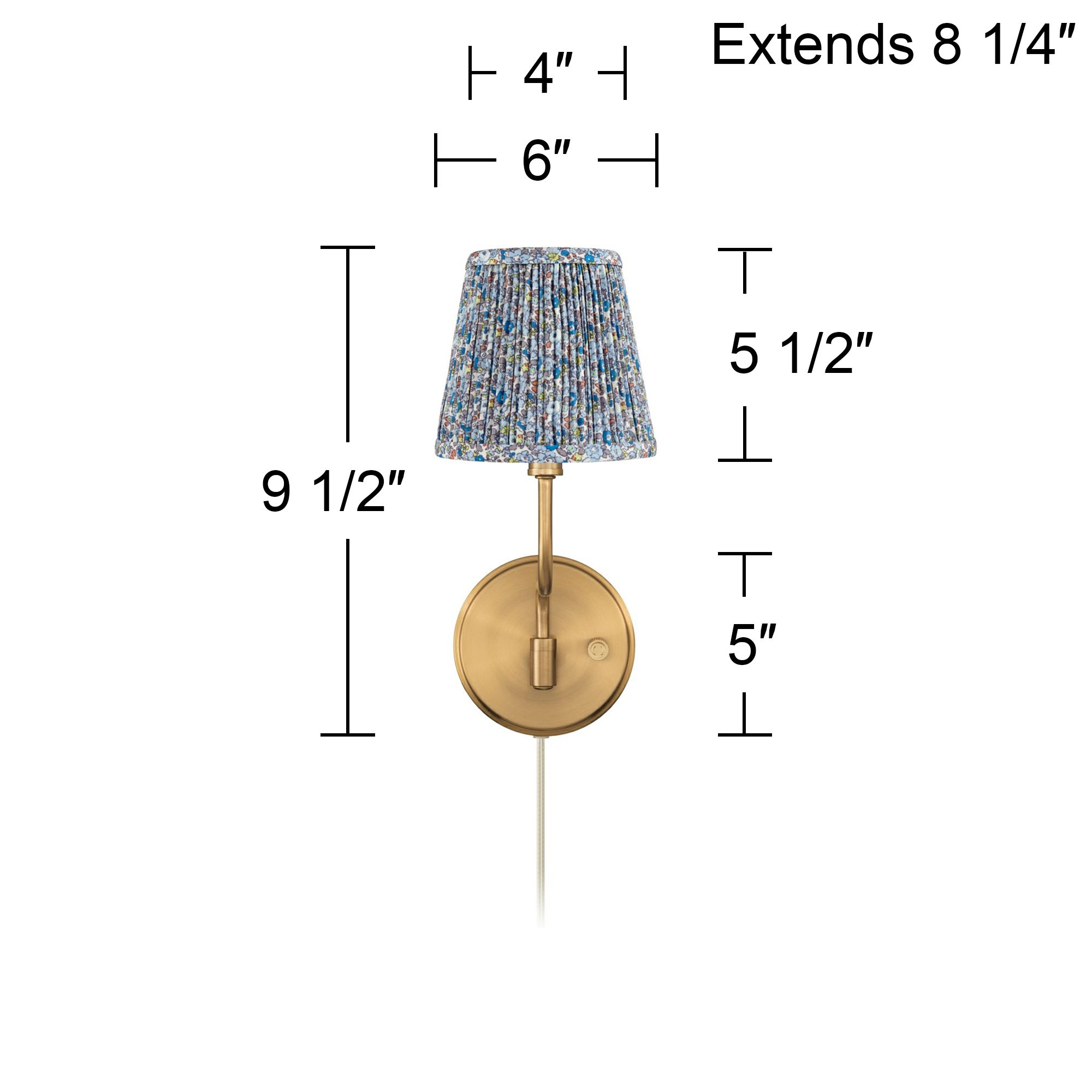 Ophelia 9 1/2"H Warm Brass Plug-In Wall Sconce Blue Floral Shade