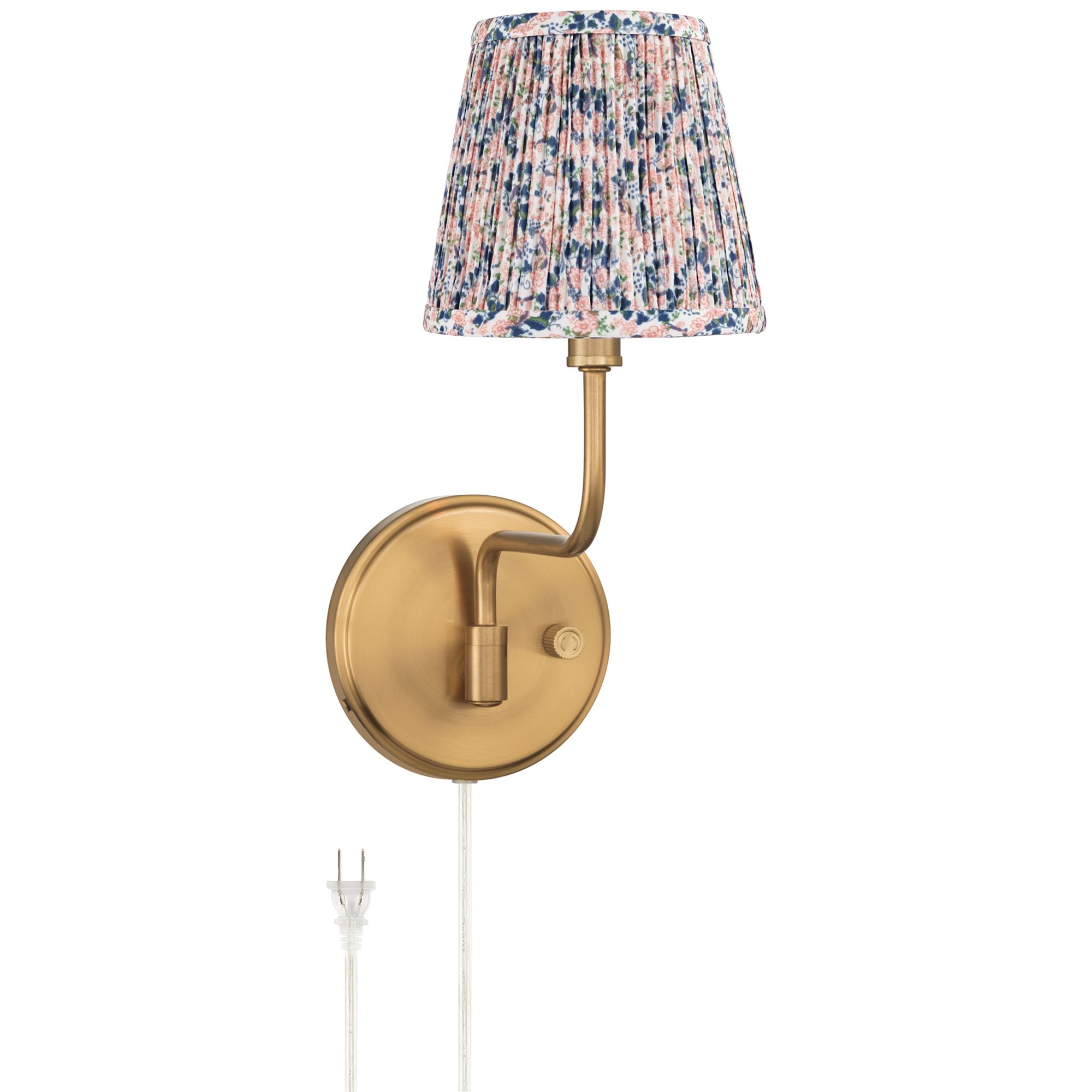 Image 2 Ophelia 9 1/2"H Warm Brass Plug-In Wall Sconce Blue Pink Floral Shade