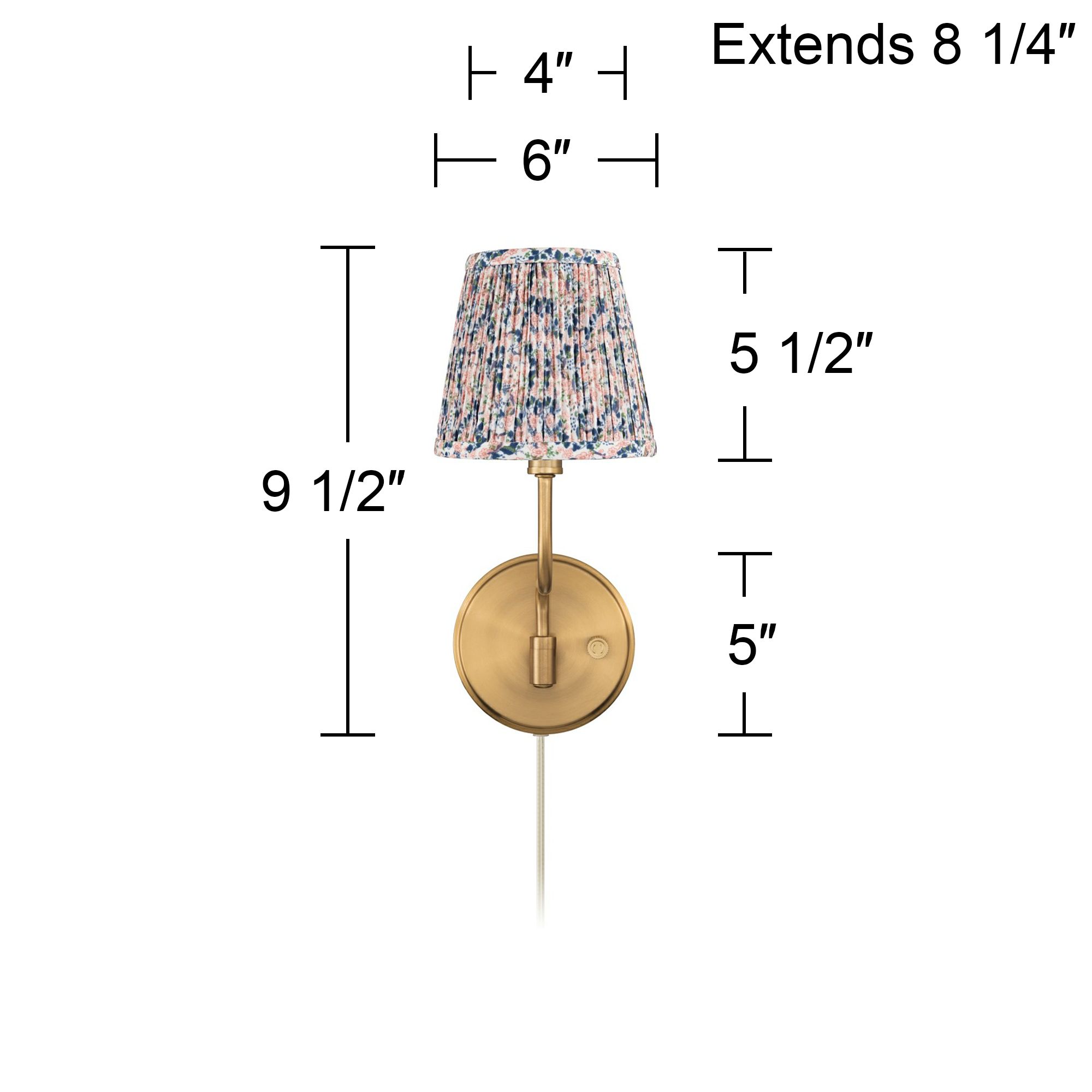 Ophelia 9 1/2"H Warm Brass Plug-In Wall Sconce Blue Pink Floral Shade