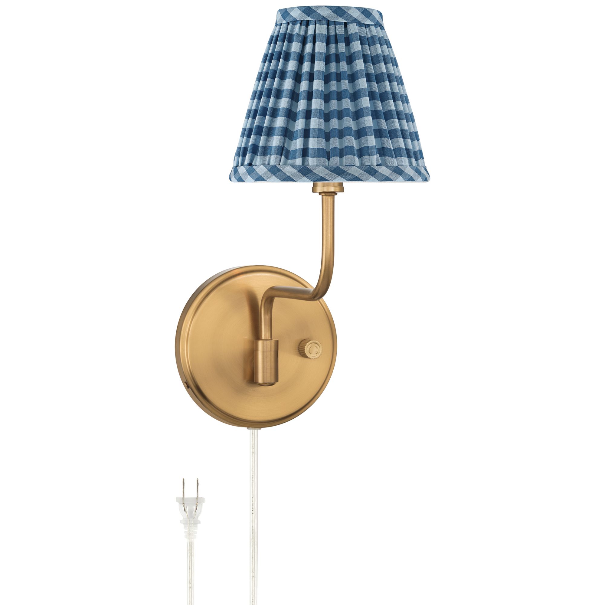 Image 3 Ophelia 9 1/2"H Warm Brass Plug-In Wall Sconce Blue Plaid Shade