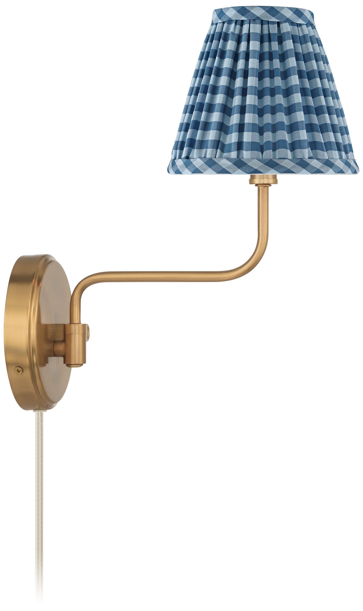 Ophelia 9 1/2"H Warm Brass Plug-In Wall Sconce Blue Plaid Shade in scene