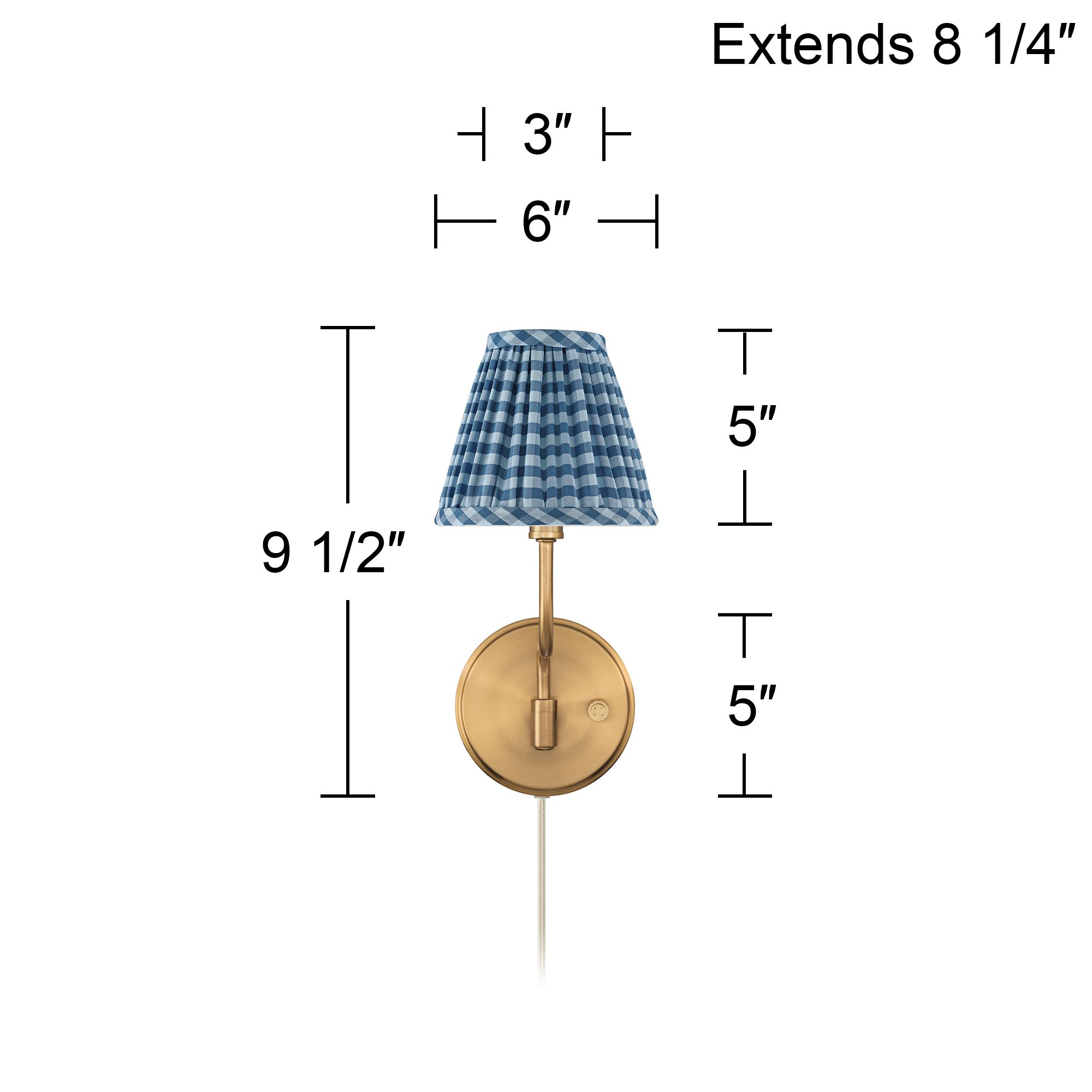 Ophelia 9 1/2"H Warm Brass Plug-In Wall Sconce Blue Plaid Shade in scene